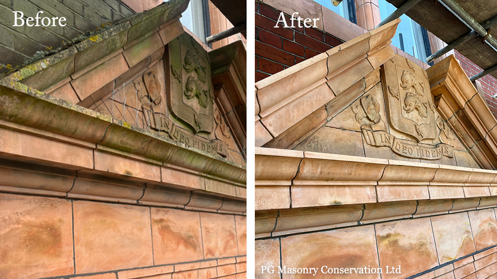 Before and after: Thermatech steam cleaning of Victorian terracotta pediment, Old College House, Brighton